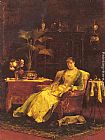 Interior Canvas Paintings - A lady seated in an Elegant Interior